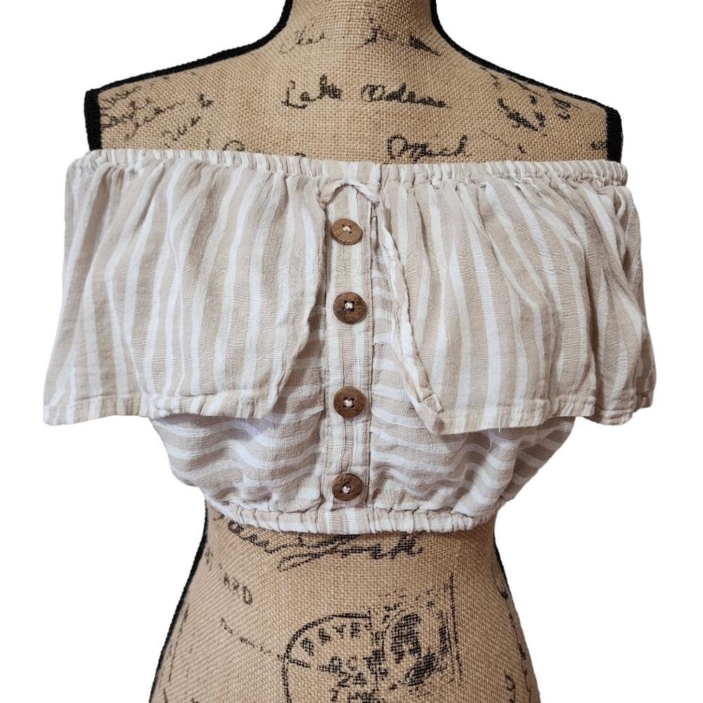 Primark Off-the-Shoulder Beige & White Stripe Crop Top - Medium